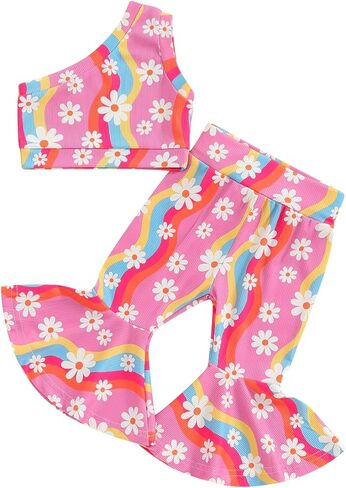 Toddler Baby Bell Bottoms Outfit Girl Summer One Shoulder Floral Tank Tops Flared Pants Clothes Set in Saudi Arabia