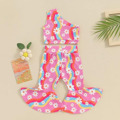 Toddler Baby Bell Bottoms Outfit Girl Summer One Shoulder Floral Tank Tops Flared Pants Clothes Set in Saudi Arabia