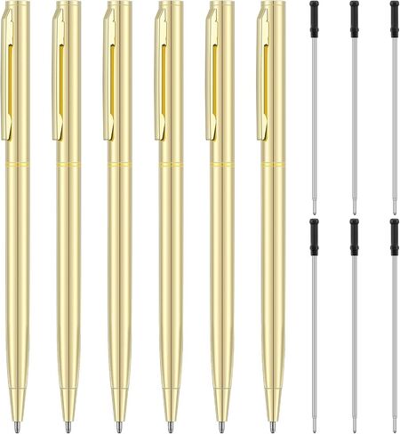 6 Pieces Metallic Ballpoint Pen Slim Retractable Ballpoint Pen Black Ink Metal Pen Mini Conical Ballpoint Pen and 6 Refills for Wedding Business Office Student Teacher, 1.0mm Medium Point (Gold) in Saudi Arabia
