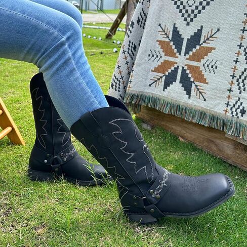 أحذية رعاة البقر ذات حزام أنيق للسيدات من SheSole للنساء بمقدمة مربعة وأحذية راعية البقر الغربية متوسطة الساق in Saudi Arabia