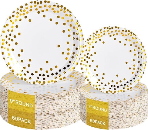 Lullaby 120PCS Black Paper Plates, Black and Gold Paper Plates, 60pcs Dinner Plates 9"，60pcs Dessert Plates 7", Disposable Graduation Plates with Golden Dot for Birthday party, Gathering in Saudi Arabia