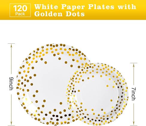 Lullaby 120PCS Black Paper Plates, Black and Gold Paper Plates, 60pcs Dinner Plates 9"，60pcs Dessert Plates 7", Disposable Graduation Plates with Golden Dot for Birthday party, Gathering in Saudi Arabia