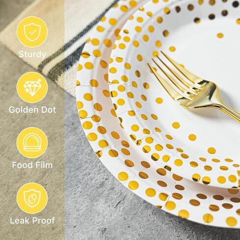 Lullaby 120PCS Black Paper Plates, Black and Gold Paper Plates, 60pcs Dinner Plates 9"，60pcs Dessert Plates 7", Disposable Graduation Plates with Golden Dot for Birthday party, Gathering in Saudi Arabia