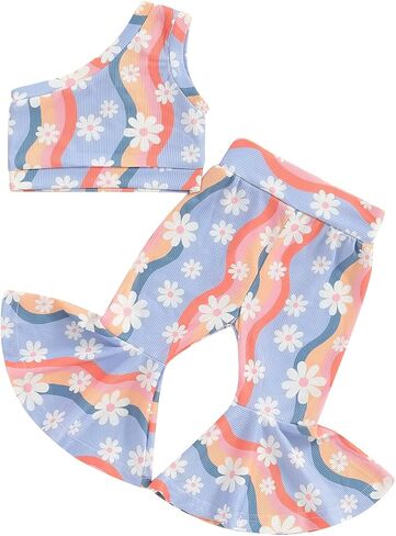 Toddler Baby Bell Bottoms Outfit Girl Summer One Shoulder Floral Tank Tops Flared Pants Clothes Set in Saudi Arabia