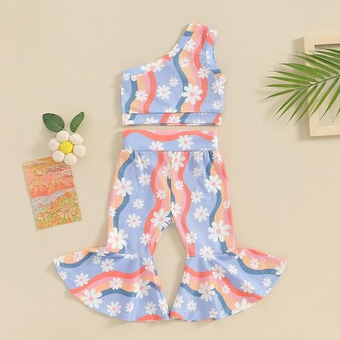 Toddler Baby Bell Bottoms Outfit Girl Summer One Shoulder Floral Tank Tops Flared Pants Clothes Set in Saudi Arabia
