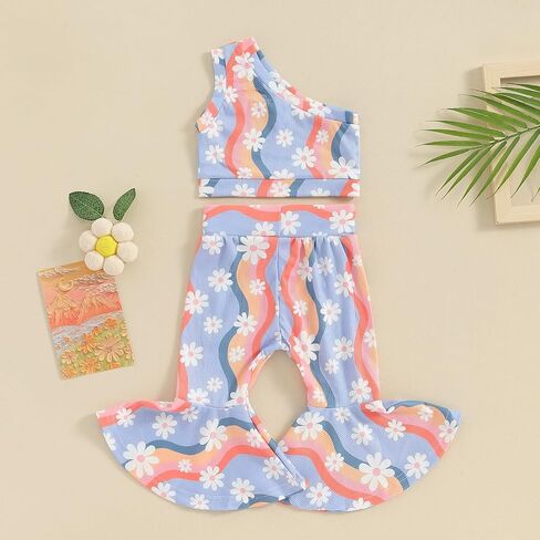 Toddler Baby Bell Bottoms Outfit Girl Summer One Shoulder Floral Tank Tops Flared Pants Clothes Set in Saudi Arabia