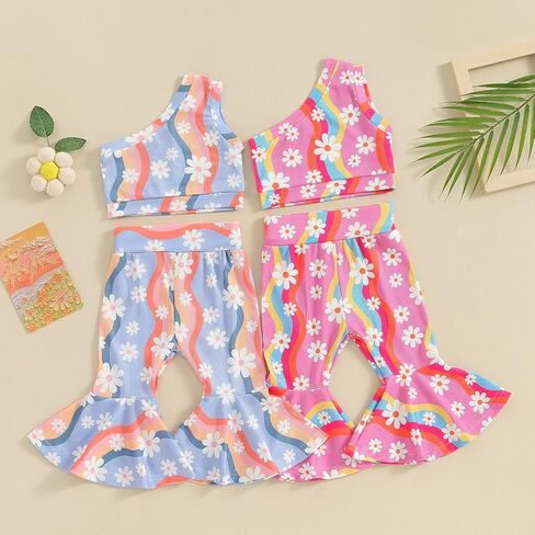 Toddler Baby Bell Bottoms Outfit Girl Summer One Shoulder Floral Tank Tops Flared Pants Clothes Set in Saudi Arabia