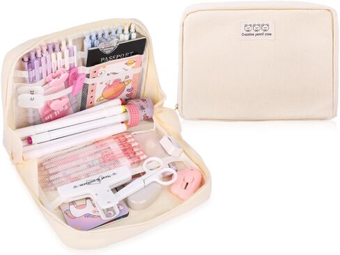 Oyachic Wide Opening Pencil Case Pen Bag Pouch Oxford Box Holder with Mesh Storage Pocket Organizer Stationery Cosmetic Women Travel Office Supplies,Beige in Saudi Arabia