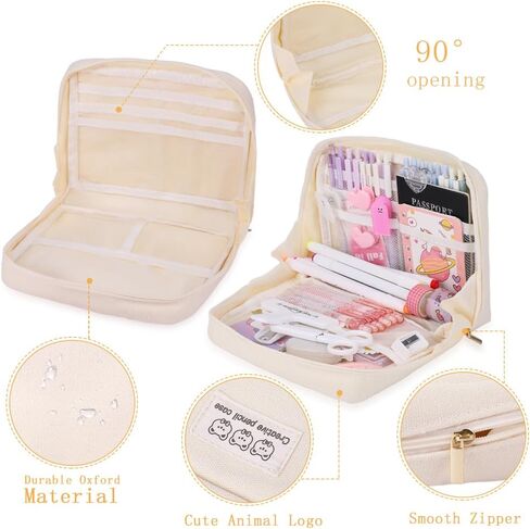 Oyachic Wide Opening Pencil Case Pen Bag Pouch Oxford Box Holder with Mesh Storage Pocket Organizer Stationery Cosmetic Women Travel Office Supplies,Beige in Saudi Arabia