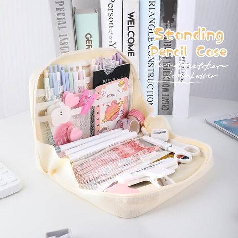Oyachic Wide Opening Pencil Case Pen Bag Pouch Oxford Box Holder with Mesh Storage Pocket Organizer Stationery Cosmetic Women Travel Office Supplies,Beige in Saudi Arabia
