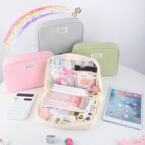 Oyachic Wide Opening Pencil Case Pen Bag Pouch Oxford Box Holder with Mesh Storage Pocket Organizer Stationery Cosmetic Women Travel Office Supplies,Beige in Saudi Arabia