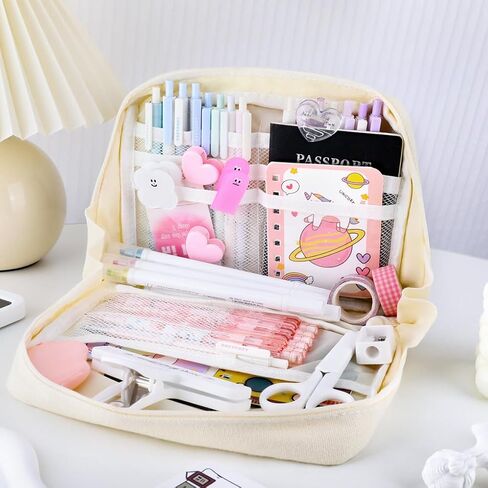 Oyachic Wide Opening Pencil Case Pen Bag Pouch Oxford Box Holder with Mesh Storage Pocket Organizer Stationery Cosmetic Women Travel Office Supplies,Beige in Saudi Arabia
