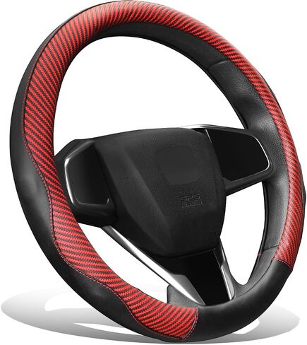 DNA MOTORING Synthetic Leather Steering Wheel Cover Universal Fit 14.5-15 inch, Red Stitching & Black Carbon Fiber Pattern Design, SWC-S2316 in Saudi Arabia