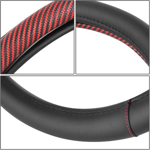 DNA MOTORING Synthetic Leather Steering Wheel Cover Universal Fit 14.5-15 inch, Red Stitching & Black Carbon Fiber Pattern Design, SWC-S2316 in Saudi Arabia