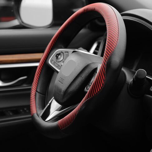 DNA MOTORING Synthetic Leather Steering Wheel Cover Universal Fit 14.5-15 inch, Red Stitching & Black Carbon Fiber Pattern Design, SWC-S2316 in Saudi Arabia