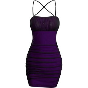 SOLY HUX Women's Mesh Ruched Spaghetti Strap Criss Cross Backless Mini Bodycon Cami Dress