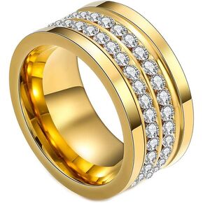Fashion 18K Gold Stainless Steel Band Ring Two Row Crystal Ring