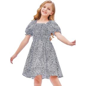 LaBeca Girls Square Neck Ruffle Puff Sleeve Floral Print Smocked Casual Dress for 5-12 Years