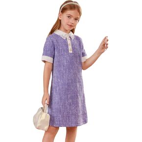 WDIRARA Girl's Pearls Trim Tweed Contrast Collar Button Front Short Sleeve Casual Dress