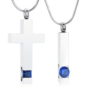 Cremation Necklace Double Cross Urn Jewelry and Crystal Cube Memorial Ashes Urn Pendant Necklace Keepsake Jewelry for Adult Ashes with Birthstone (Blue)