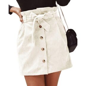 ebossy Women's Paperbag High Waist Button Front Corduroy Mini Skirt with Belt