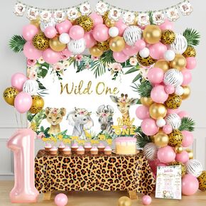 Wild One Birthday Decorations Girl, Party Inspo 1st Girl Supplies Kit, Boho Floral Decorations, Monthly Photo Banner Backdrop Cake Toppers Balloon Arch Poster Crown, Pink