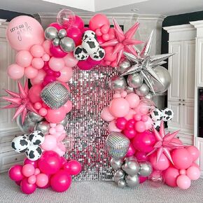 135pcs Disco Cowgirl Party Decorations, Hot Pink Silver Balloon Arch with Starburst Balloons, for Bachelorette Birthday Party