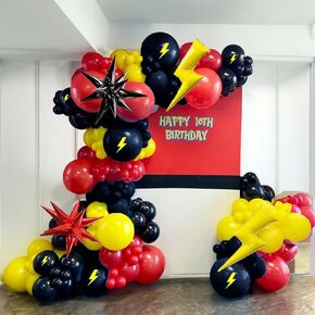 Red Yellow and Black Balloons Garland Arch Kit 134Pcs Cartoon-Theme Balloon Arch whit Flash Lightning Starburst Balloons for Superhero Theme Cartoon Theme Birthday Party Decorations