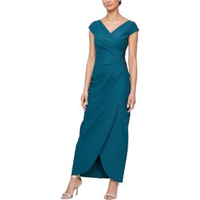 Alex Evenings Women's Slimming Long Cap Sleeve Dress with Side Beaded Detail