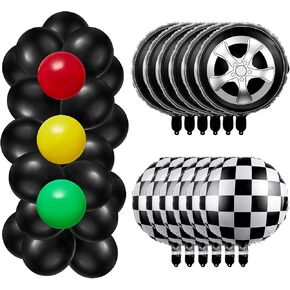 66 Pcs Car Party Decorations Inflatable Tires Traffic Light Balloons Party Supplies Include Foil Checkered Balloons, Tire Balloons, Glue, Chain, Birthday Party Decorations Fit for Boys Race Fans