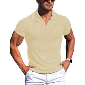 Gnvviwl Men's Muscle V Neck Polo Shirts Slim Fit Solid Short Sleeve Cotton Golf T-Shirts Ribbed Knit Soft Tees