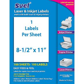8.5"x11" Labels for Laser & Inkjet Printers, Permanent Self Adhesive Address Mailing Stickers 100 Multipurpose Labels 8.5"x11" (100 Sheets)