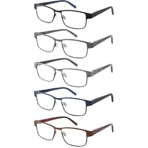 5 Pack Reading Glasses for Men,Blue Light Filtering Metal Full Frame Spring Hinges Readers,Anti UV/Glare/Eyestrain