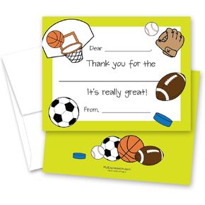 MyExpression.com 20 Sports Theme Kids Fill-in Birthday Thank You Cards - Green