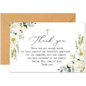 Whaline 48Pcs Funeral Thank You Cards Cross Sympathy Thank You Card with Stickers Envelopes Flower Bereavement Card for Memorial Service Loved Ones Celebration of Life