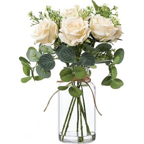 Artificial Flowers with Vase,Artificial Silk Roses in Vase Spring Flower Arrangement Realistic Flowers for Vase Fake Roses Flowers for Home Office Indoor Table Decoration(White)