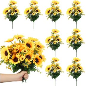 8 Packs Artificial Sunflowers with Stems Silk Fake Sunflowers Bouquet Plastic Silk Sunflowers Bulk Yellow Wedding Decor Faux Flower Bunches for Wedding Party Decoration Vase Home Outdoor
