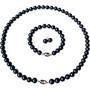 Pearl Romance II ROUND PEARL II Black Pearl Necklace Bracelet & Earrings Set for Women 3 Piece Set Strand Stud Earring Pearl Jewelry Christmas Holiday Gift Genuine Cultured Freshwater