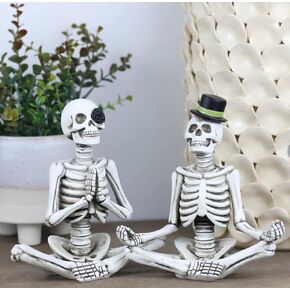 Halloween Mr. and Mrs. Meditating Skeleton Figurines, Day of The Dead Table Décor Small Statues for Halloween Decorations on Mantel, or Centerpiece, 2 Packs