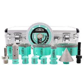 Tile Hole Saw Kit - (6/6/8/20/35/50/75/100mm+20mm Finger Bit+50mm Chamfer Bit+SDS/HEX Adapter) and 4.5 Inch Diamond Saw Blade Cutting Disc Wheel