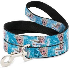 Buckle-Down Pet Leash - Frozen Elsa Face/Action Pose/Snowflakes Blues/White - 6 Feet Long - 1" Wide