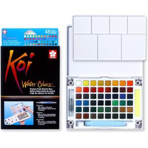 SAKURA Koi Pocket Field Sketch Kit - Watercolor Sets for Painting On the Go - 48 Colors - 1 Water Brush - 1 Sponge - 1 Mixing Palette