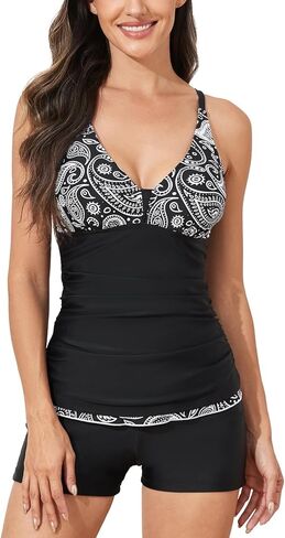 Tankini Swimsuits for Women Tummy Control Adjustable Straps Two Piece Bathing Suit with Boy Shorts V Neck Swimwear in Saudi Arabia