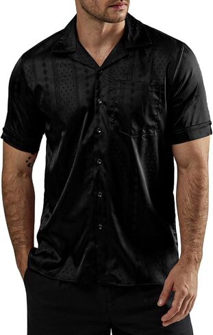 VATPAVE Mens Summer Jacquard Silk Shirts Casual Button Down Short Sleeve Hawaiian Shirt with Pocket in Saudi Arabia