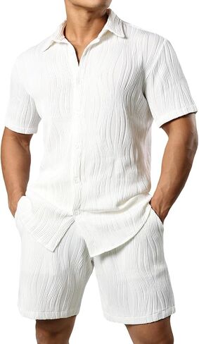 JOGAL Mens 2 Pieces Short Sets Short Sleeve Casual Button Down Shirts Summer Beach Outfits in Saudi Arabia