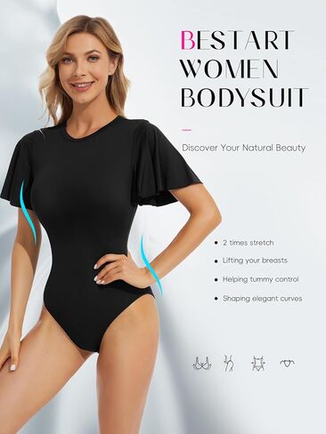 Bestart Bodysuit for Women Ruffle Short Sleeve Crew Neck Slim Casual Body suit Tops Daily Basic T Shirts Moon Collection in Kuwait