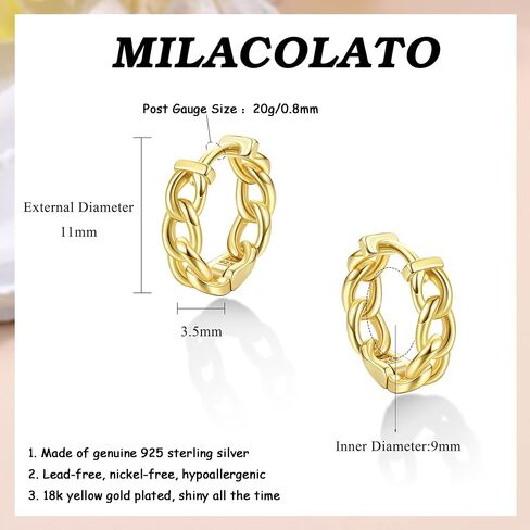 Milacolato 925 الفضة الاسترليني الأقراط الصغيرة هوب 18K مطلية بالذهب كبح سلسلة Huggie أقراط هيبوالرجينيك الغضروف الأطواق الأطواق للنساء فتاة in Kuwait