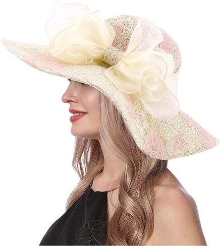 Haoohu Women's Church Derby Hat Wide Brim Bow Bucket Hat Wedding Dress Hat Fascinator Bridal Tea Party Hat in Kuwait