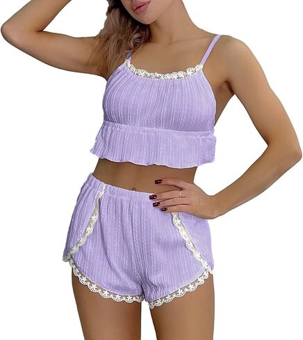 طقم بيجامة نسائي مكشكش ملابس نوم لطيفة مع حواف من الدانتيل مع شورت PJ قطعتين ملابس نوم in Kuwait