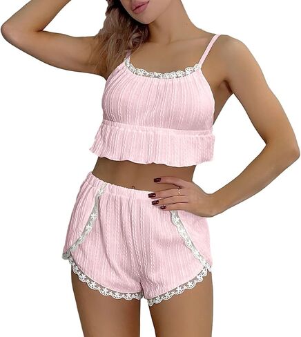 طقم بيجامة نسائي مكشكش ملابس نوم لطيفة مع حواف من الدانتيل مع شورت PJ قطعتين ملابس نوم in Kuwait